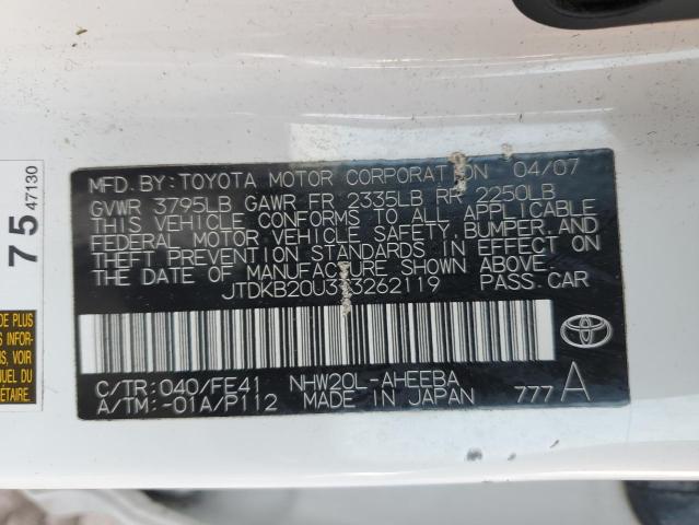 JTDKB20U373262119 - 2007 TOYOTA PRIUS WHITE photo 12