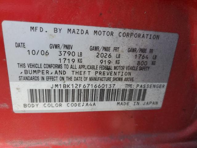 JM1BK12F671660137 - 2007 MAZDA 3 I RED photo 12