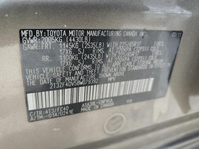 2T3ZF4DV5BW079392 - 2011 TOYOTA RAV4 GRAY photo 12