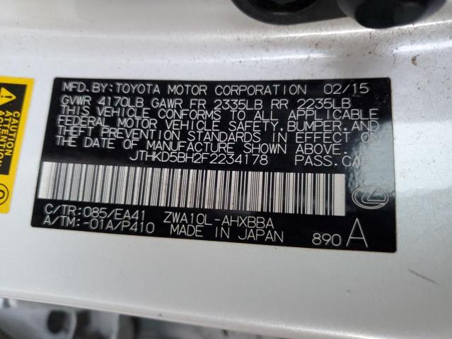 JTHKD5BH2F2234178 - 2015 LEXUS CT 200 WHITE photo 13