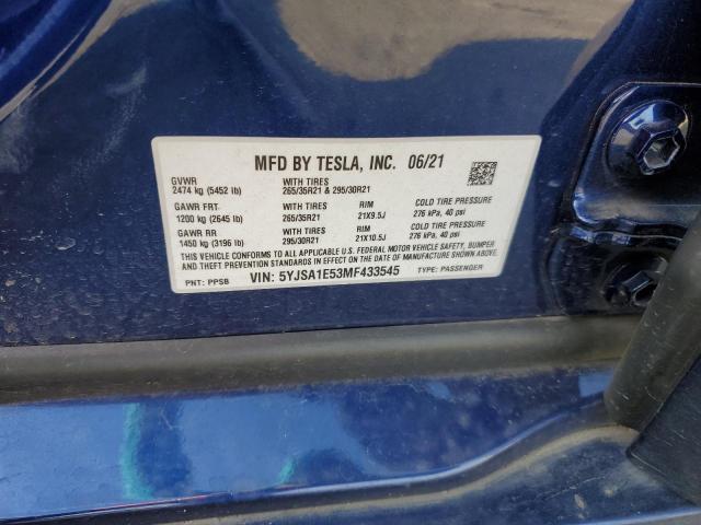 5YJSA1E53MF433545 - 2021 TESLA MODEL S BLUE photo 12