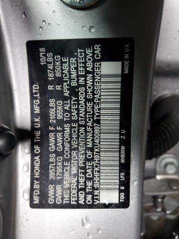 SHHFK7H97KU400897 - 2019 HONDA CIVIC SPORT TOURING SILVER photo 12