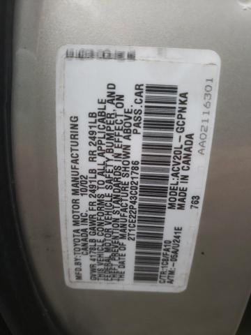 2T1CE22P43C021786 - 2003 TOYOTA CAMRY SOLA SE SILVER photo 12