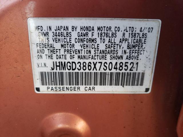 JHMGD386X7S048521 - 2007 HONDA FIT S 橙色 照片 12