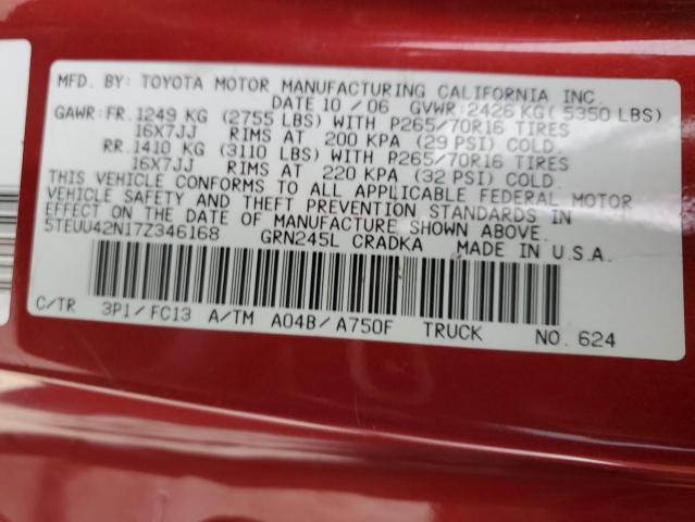 5TEUU42N17Z346168 - 2007 TOYOTA TACOMA ACCESS CAB RED photo 12