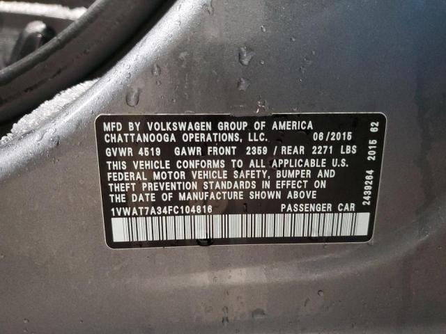 1VWAT7A34FC104816 - 2015 VOLKSWAGEN PASSAT S ვერცხლისფერი ფოტო 12