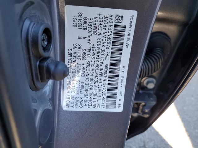 2HGFC1F31MH704395 - 2021 HONDA CIVIC EX GRAY photo 12