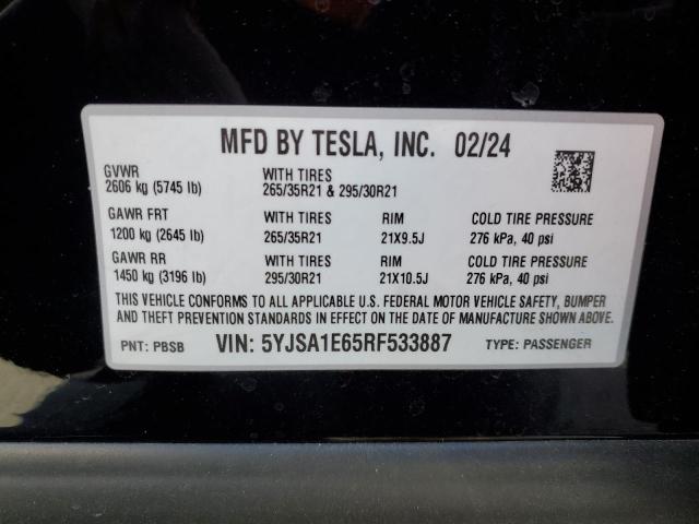 5YJSA1E65RF533887 - 2024 TESLA MODEL S BLACK photo 12