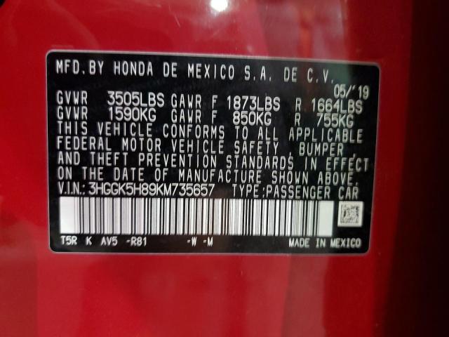 3HGGK5H89KM735657 - 2019 HONDA FIT EX RED photo 13