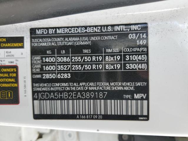 4JGDA5HB2EA389187 - 2014 MERCEDES-BENZ ML 350 4MATIC WHITE photo 12