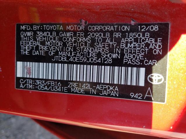 JTDBL40E59J054128 - 2009 TOYOTA COROLLA BASE RED photo 12