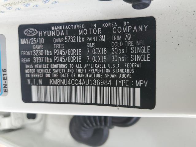 KM8NU4CC4AU136984 - 2010 HYUNDAI VERACRUZ GLS WHITE photo 13