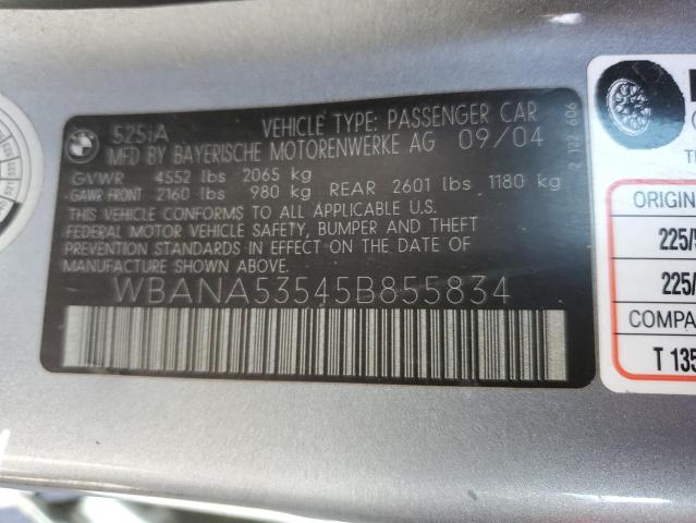 WBANA53545B855834 - 2005 BMW 5 SERIES I GRAY photo 12