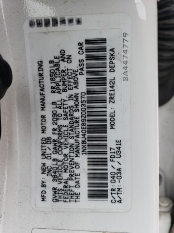 1NXBU40E89Z003570 - 2009 TOYOTA COROLLA BASE WHITE photo 12