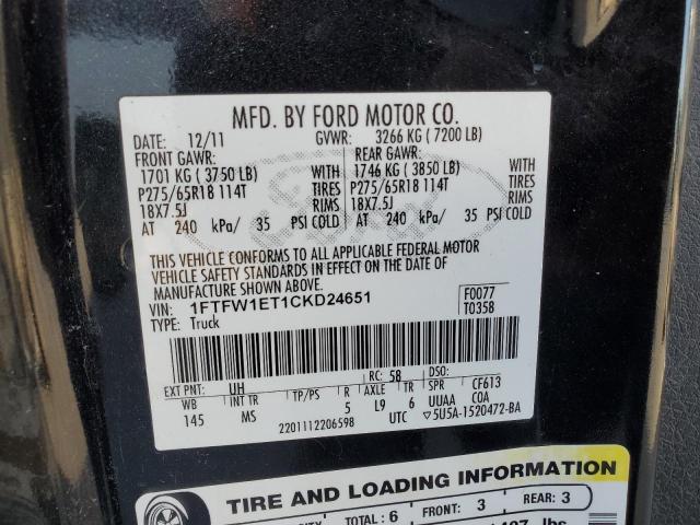 1FTFW1ET1CKD24651 - 2012 FORD F150 SUPERCREW BLACK photo 12