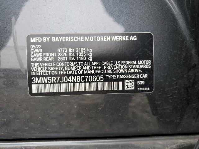 3MW5R7J04N8C70605 - 2022 BMW 330XI GRAY photo 12