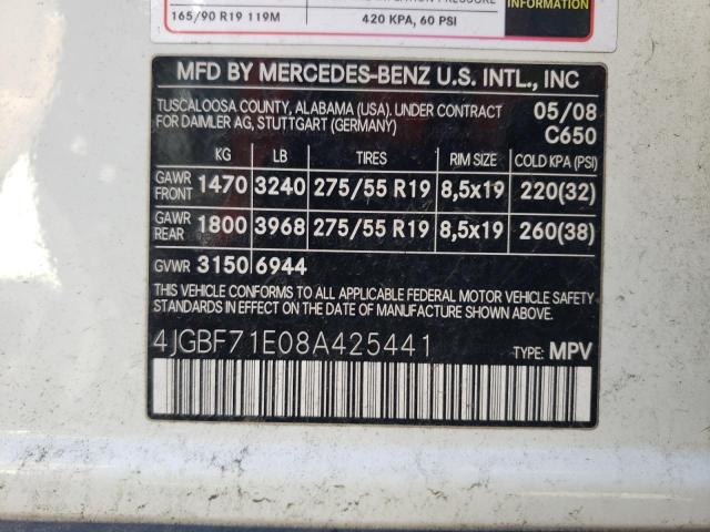 4JGBF71E08A425441 - 2008 MERCEDES-BENZ GL 450 4MATIC WHITE photo 13