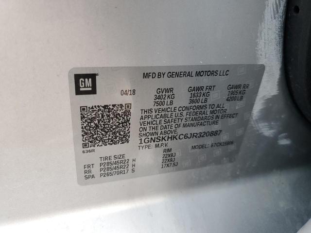 1GNSKHKC6JR320887 - 2018 CHEVROLET SUBURBAN K1500 LT SILVER photo 13