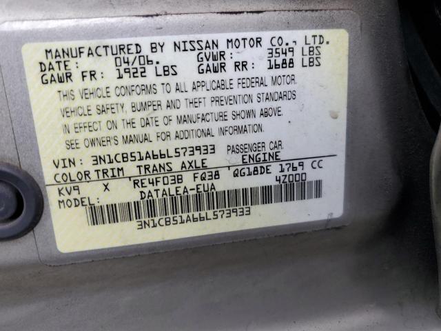 3N1CB51A66L573933 - 2006 NISSAN SENTRA 1.8S SILVER photo 12