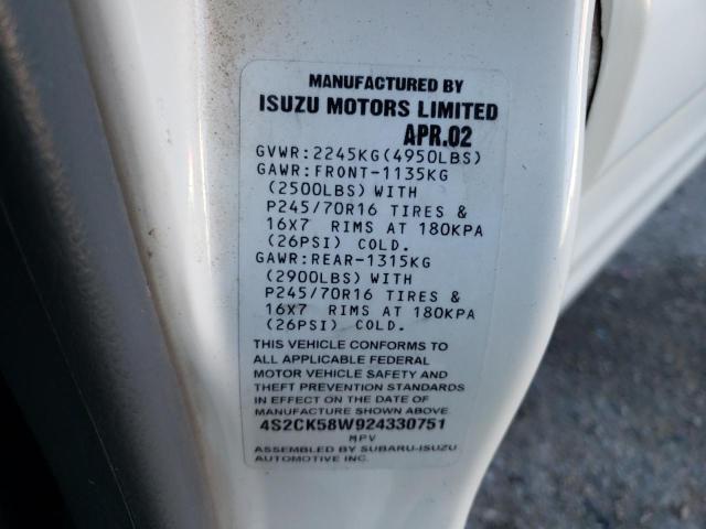 4S2CK58W924330751 - 2002 ISUZU RODEO S WHITE photo 13