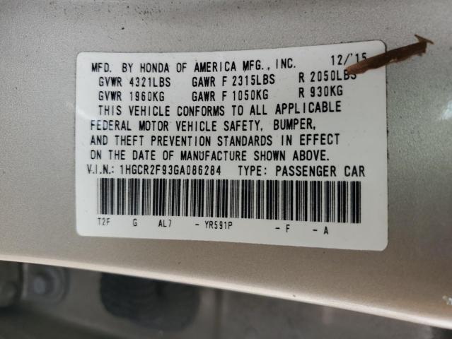 1HGCR2F93GA086284 - 2016 HONDA ACCORD EXL GOLD photo 12