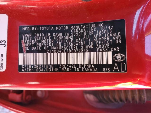 2T1BU4EE7DC977849 - 2013 TOYOTA COROLLA BASE RED photo 12