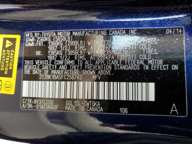 2T2BK1BA5FC256742 - 2015 LEXUS RX 350 BASE BLUE photo 13