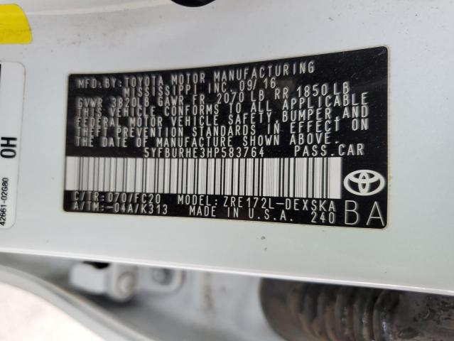 5YFBURHE3HP583764 - 2017 TOYOTA COROLLA L WHITE photo 12