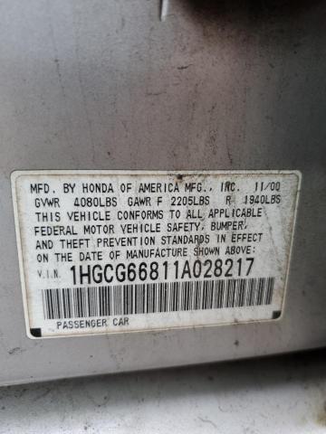 1HGCG66811A028217 - 2001 HONDA ACCORD EX SILVER photo 12