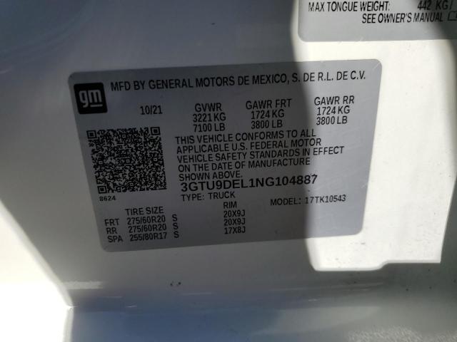 3GTU9DEL1NG104887 - 2022 GMC SIERRA LIM K1500 SLT WHITE photo 12