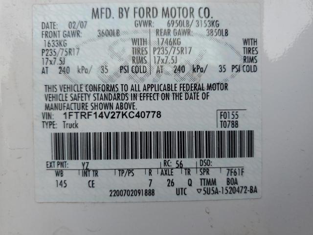 1FTRF14V27KC40778 - 2007 FORD F150 WHITE photo 12