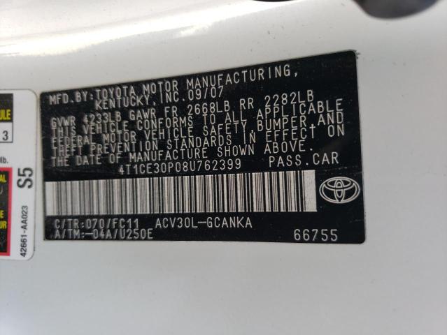 4T1CE30P08U762399 - 2008 TOYOTA CAMRY SOLA SE WHITE photo 12