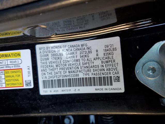 2HGFE2F59NH533088 - 2022 HONDA CIVIC SPORT BLACK photo 12