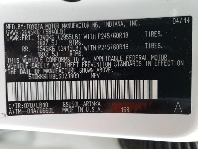 5TDKKRFH8ES023809 - 2014 TOYOTA HIGHLANDER XLE WHITE photo 14