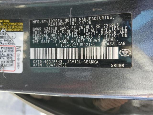 4T1BE46K27U592445 - 2007 TOYOTA CAMRY CE GRAY photo 12