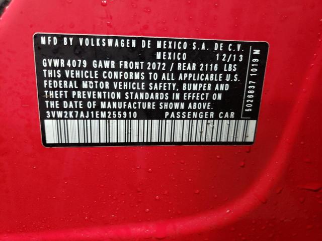 3VW2K7AJ1EM255910 - 2014 VOLKSWAGEN JETTA BASE 红色 照片 12