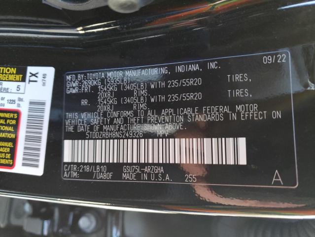 5TDDZRBH8NS249326 - 2022 TOYOTA HIGHLANDER LIMITED BLACK photo 13