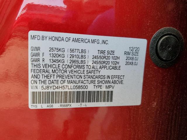 5J8YD4H57LL058500 - 2020 ACURA MDX TECHNOLOGY RED photo 12