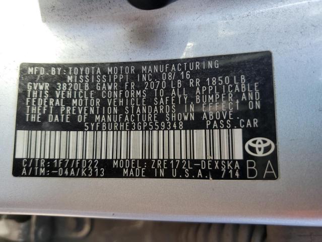 5YFBURHE3GP559348 - 2016 TOYOTA COROLLA L SILVER photo 12