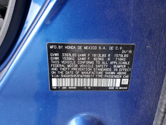 3HGGK5H53FM768617 - 2015 HONDA FIT LX BLUE photo 12