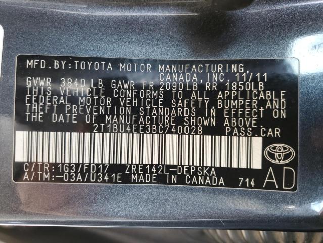 2T1BU4EE3BC740028 - 2011 TOYOTA COROLLA BASE GRAY photo 12