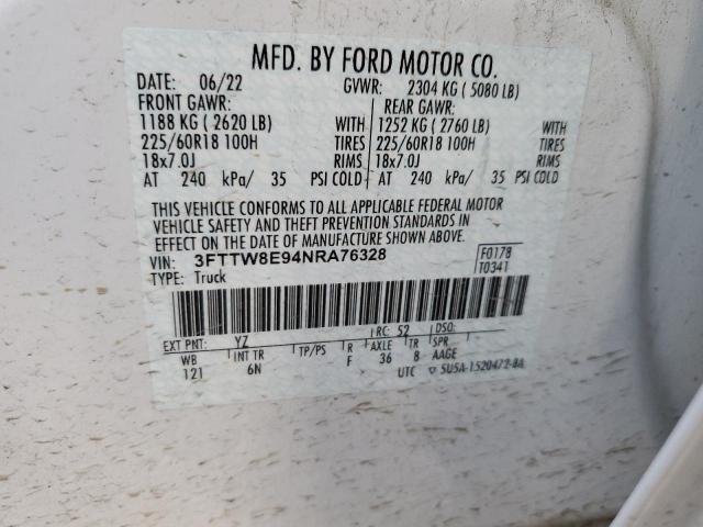 3FTTW8E94NRA76328 - 2022 FORD MAVERICK XL WHITE photo 12