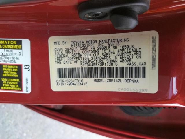 5YFBU4EE4DP173816 - 2013 TOYOTA COROLLA BASE RED photo 13