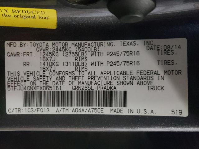 5TFJU4GNXFX065181 - 2015 TOYOTA TACOMA DOUBLE CAB PRERUNNER GRAY photo 13