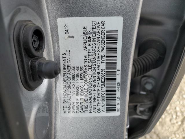 19XFC1F72ME209555 - 2021 HONDA CIVIC EXL ვერცხლისფერი ფოტო 13