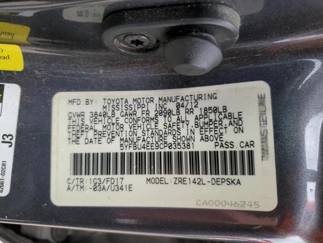 5YFBU4EE9CP035381 - 2012 TOYOTA COROLLA BASE GRAY photo 12