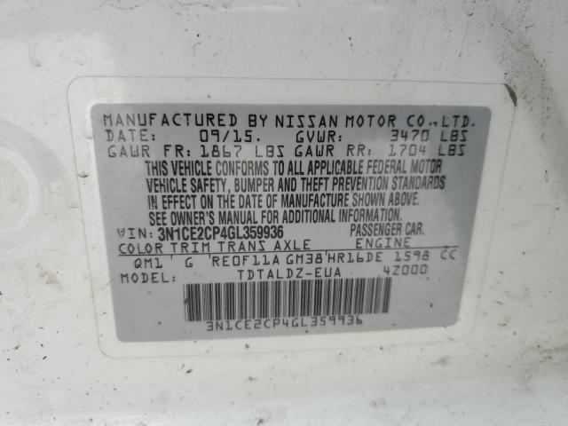 3N1CE2CP4GL359936 - 2016 NISSAN VERSA NOTE S WHITE photo 12