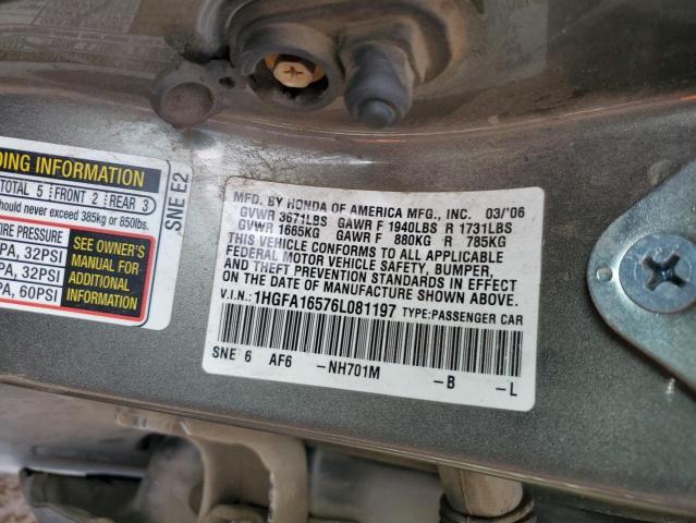 1HGFA16576L081197 - 2006 HONDA CIVIC LX GRAY photo 12