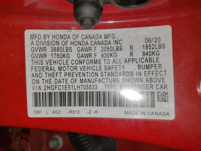 2HGFC1E51LH705533 - 2020 HONDA CIVIC SI RED photo 12