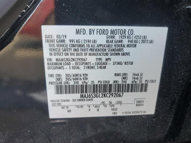 MAJ6S3GL2KC292067 - 2019 FORD ECOSPORT SE შავი ფოტო 13